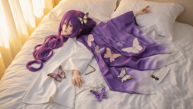 A flat lay of Shinobu Kocho cosplay elements on white bedding, showcasing a gradient purple wig, butterfly-embroidered haori, delicate butterfly hair pins, crisp white uniform pieces, and tabi socks, all illuminated by soft golden morning light.