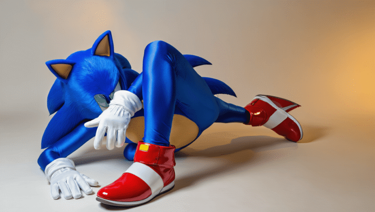 Sonic the Hedgehog cosplay with electric blue bodysuit, glossy red shoes, and white gloves on a clean white background, enhanced by warm golden lighting.