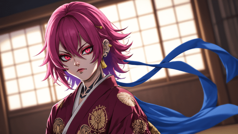 A striking portrait of a Sukuna cosplayer in a deep burgundy kimono with gold accents, showcasing intricate arm tattoos and a dynamic pink-red wig. The character poses menacingly in a traditional Japanese dojo, illuminated by dramatic side lighting that highlights facial details and fierce expression, while a blue scarf billows in motion.