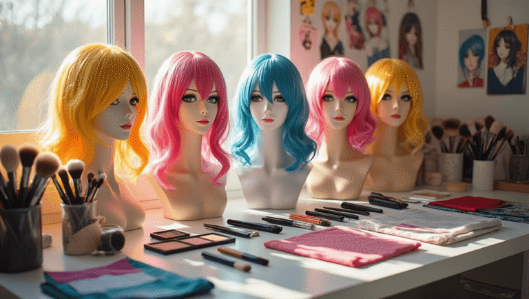 A bright and organized cosplay workspace with colorful wigs on mannequin heads, makeup tools, and fabric swatches on a sunlit craft table, complemented by mood boards in the background.