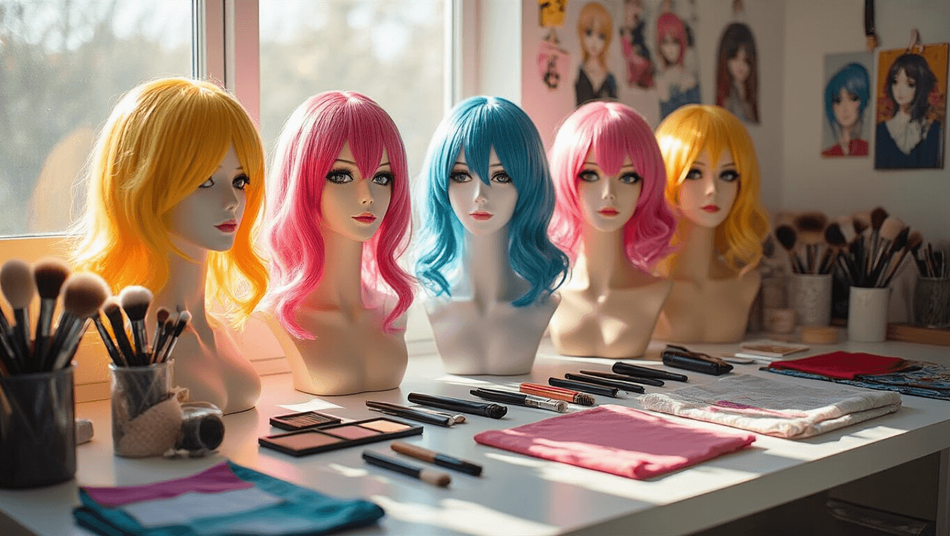 A bright and organized cosplay workspace with colorful wigs on mannequin heads, makeup tools, and fabric swatches on a sunlit craft table, complemented by mood boards in the background.