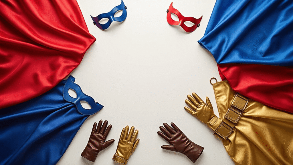 Epic Superhero Costumes: Your Ultimate Guide to Becoming a Comic Book Legend Colorful superhero costume pieces including red and blue capes, character masks, metallic belts, and leather gloves arranged on a clean white background, illuminated by soft golden lighting.