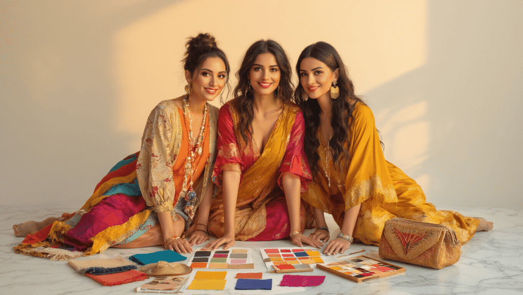 Three women dressed in coordinated costumes, surrounded by colorful fabric swatches and creative accessories, illuminated by warm golden hour lighting, embodying friendship and collaboration on a marble surface.