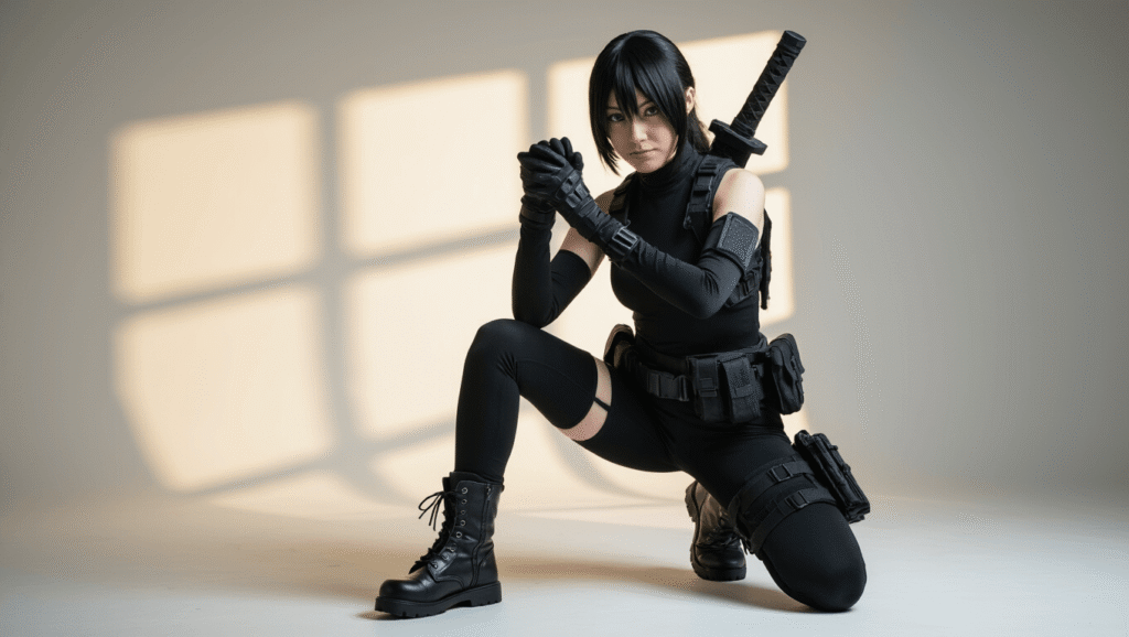 A confident cosplayer in black athletic wear and tactical accessories poses with EVA foam weapons, showcasing rich textures and details against a minimalist background with dramatic side lighting.