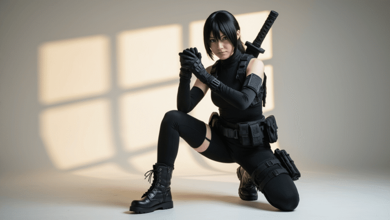A confident cosplayer in black athletic wear and tactical accessories poses with EVA foam weapons, showcasing rich textures and details against a minimalist background with dramatic side lighting.
