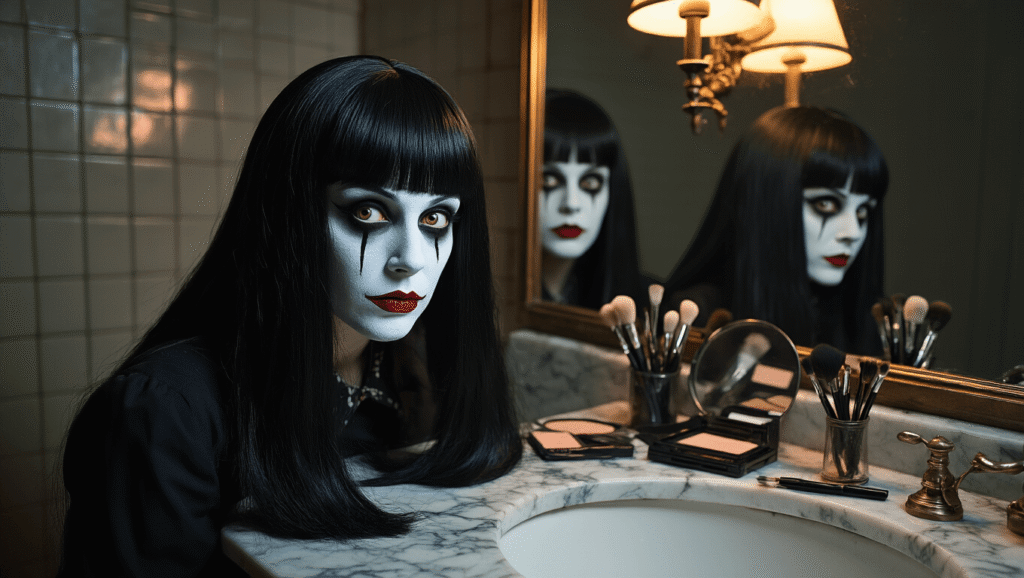 A dramatic portrait of a cosplayer in vintage bathroom lighting, featuring theatrical white makeup and a beauty mark, with a long black wig. Multiple mirror reflections enhance the eerie atmosphere, complemented by professional makeup tools on a marble countertop.