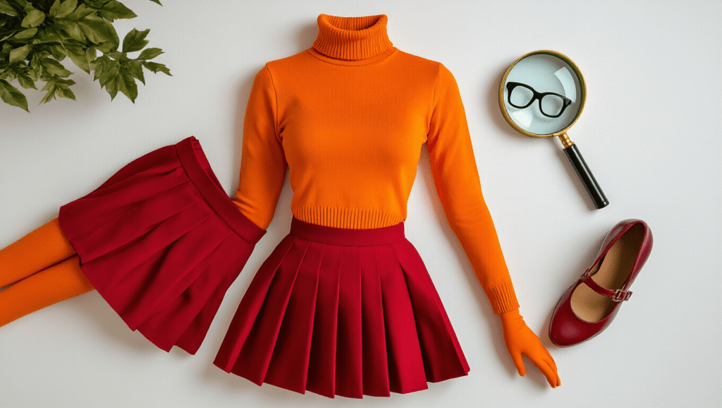Jinkies! How to Rock the Perfect Velma Cosplay Like a Total Mystery-Solving Pro A Velma Dinkley cosplay outfit displayed in a flat lay on a clean white background, featuring an orange turtleneck, red skirt, orange knee-high socks, burgundy Mary Jane shoes, thick glasses, and a vintage magnifying glass, all illuminated by warm natural light.