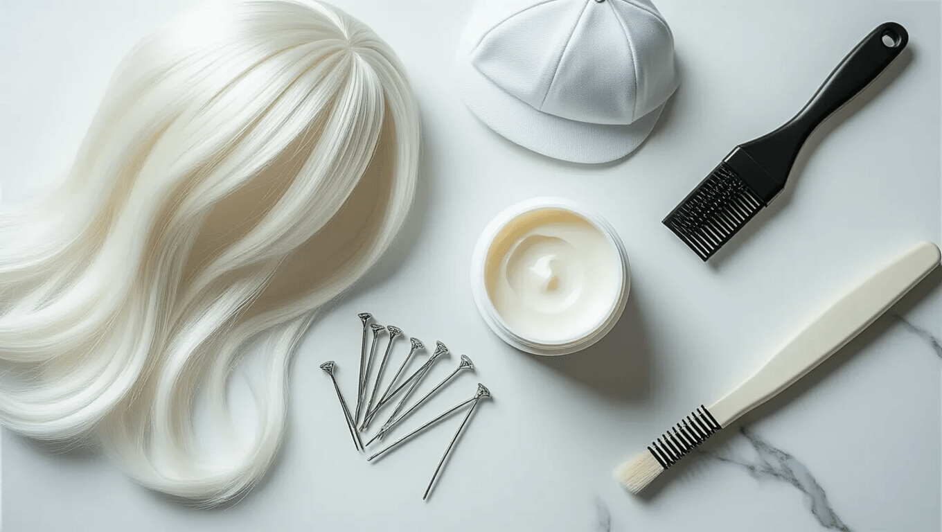 Flatlay of white cosplay wig, silver bobby pins, a styling brush, a white hair wax container, and a wig cap on a clean white marble surface, illuminated by soft lighting for a minimalist aesthetic.