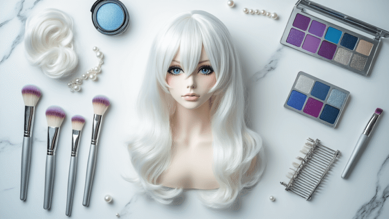 A flat lay of a stunning white cosplay wig and professional makeup tools, including brushes, eyeshadow palettes, hair color sprays, and pearl accessories on a clean white marble surface, illuminated by soft diffused lighting.