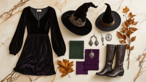 A flat lay of witch costume essentials arranged on a warm marble surface, featuring a flowing black dress, a pointed hat with metallic threads, leather boots, fabric swatches in deep purple and forest green, vintage silver jewelry, and mystical accessories, all highlighted by golden hour lighting and soft shadows with botanical elements.