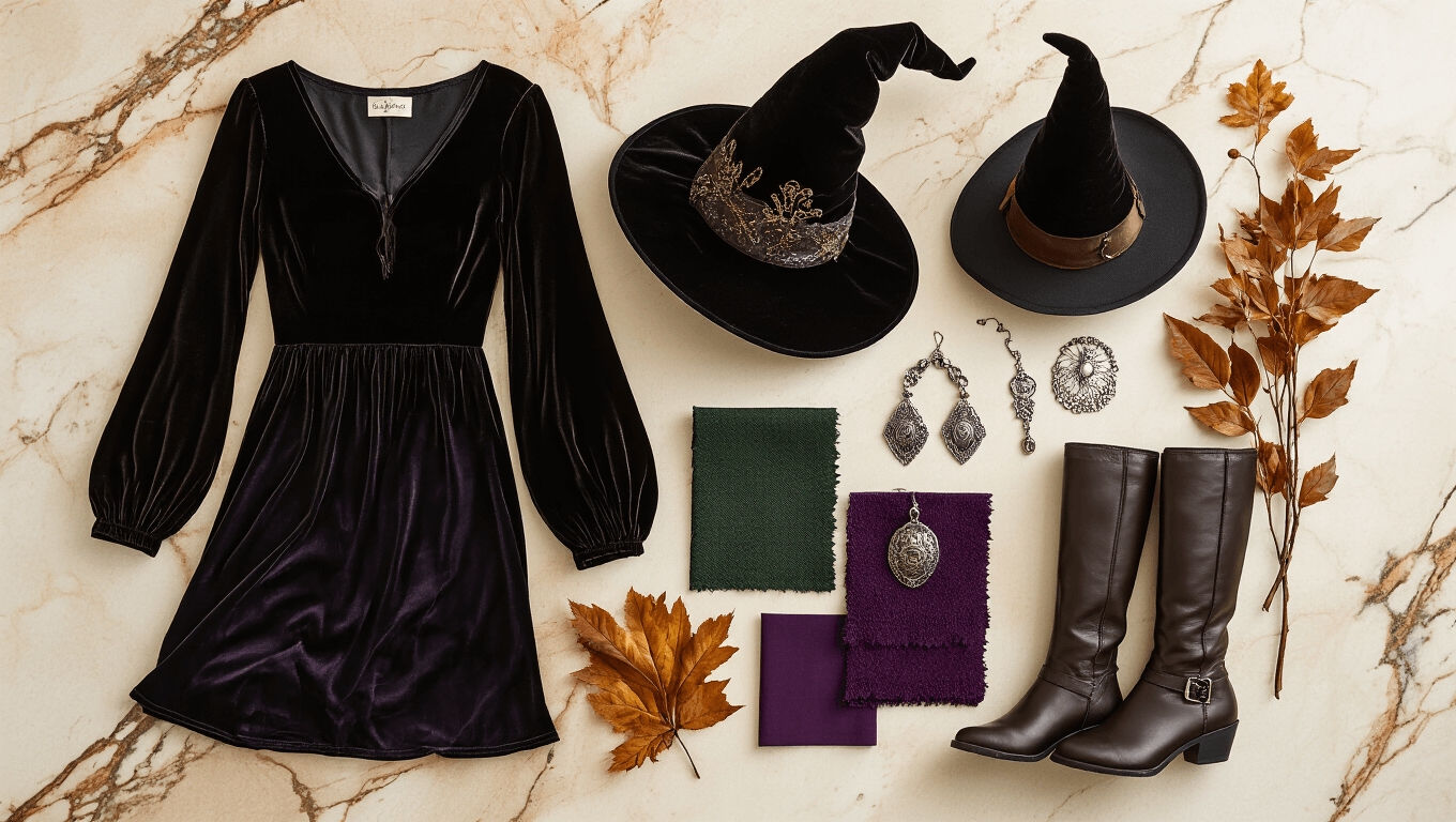 A flat lay of witch costume essentials arranged on a warm marble surface, featuring a flowing black dress, a pointed hat with metallic threads, leather boots, fabric swatches in deep purple and forest green, vintage silver jewelry, and mystical accessories, all highlighted by golden hour lighting and soft shadows with botanical elements.