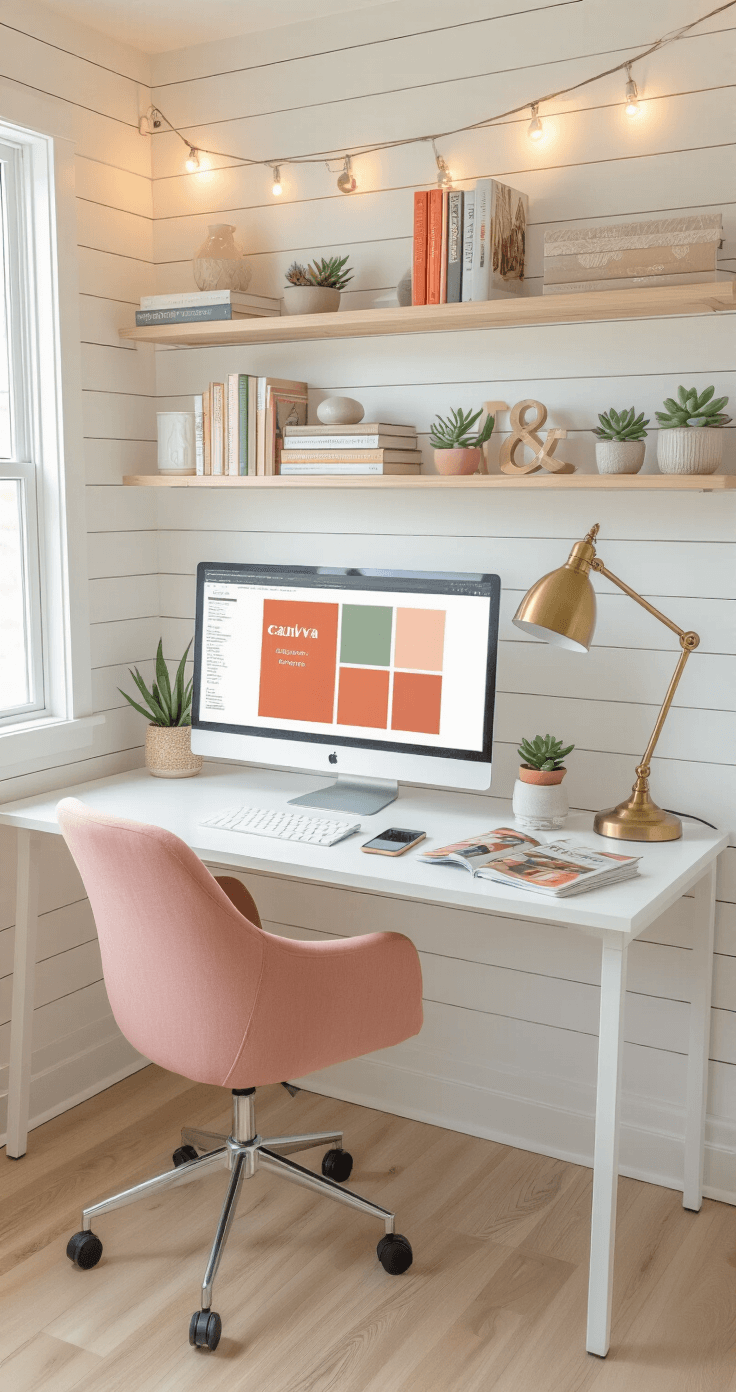 A bright home office nook featuring white shiplap walls and pale blonde flooring, showcasing a sleek white standing desk with a large monitor displaying a terracotta and sage mood board, surrounded by design books, a vintage brass desk lamp, small succulents, a blush pink ergonomic chair, inspiration magazines, and overhead string lights.