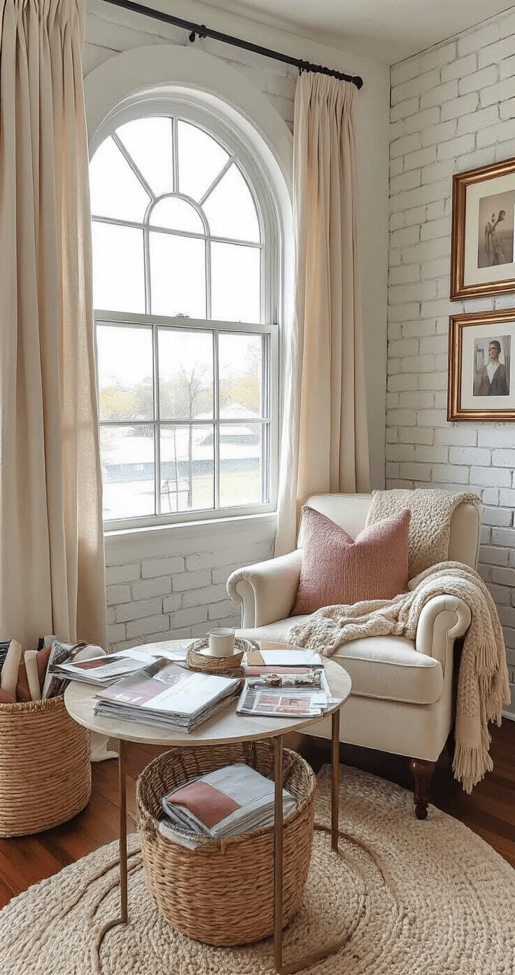 An elevated view of a cozy bedroom reading corner featuring exposed brick walls, a plush cream armchair, and a round side table filled with home decor magazines and fabric swatches, all bathed in warm afternoon light.