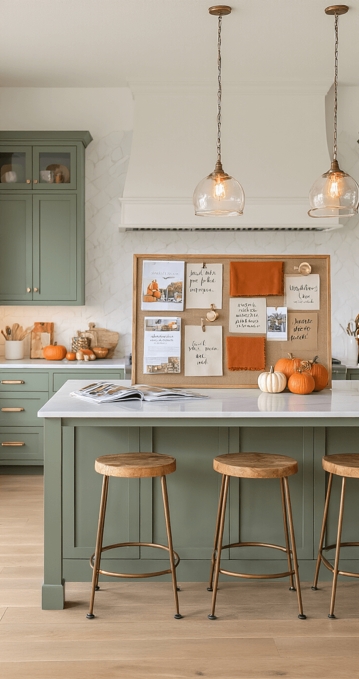 A cozy modern kitchen island decorated as a seasonal mood board refresh station, featuring burnt orange fabric swatches, copper elements, and handwritten quotes, illuminated by warm pendant lights.