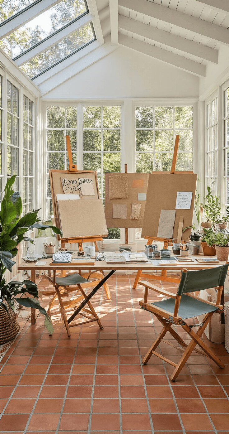 A spacious sunroom studio filled with natural light, featuring terra cotta tile flooring, a white beam ceiling, and multiple easels displaying various texture samples. A central work table is surrounded by organized supplies and comfortable director's chairs. Potted plants enhance the creative atmosphere, making it an inviting space for tactile mood board creation during golden hour.