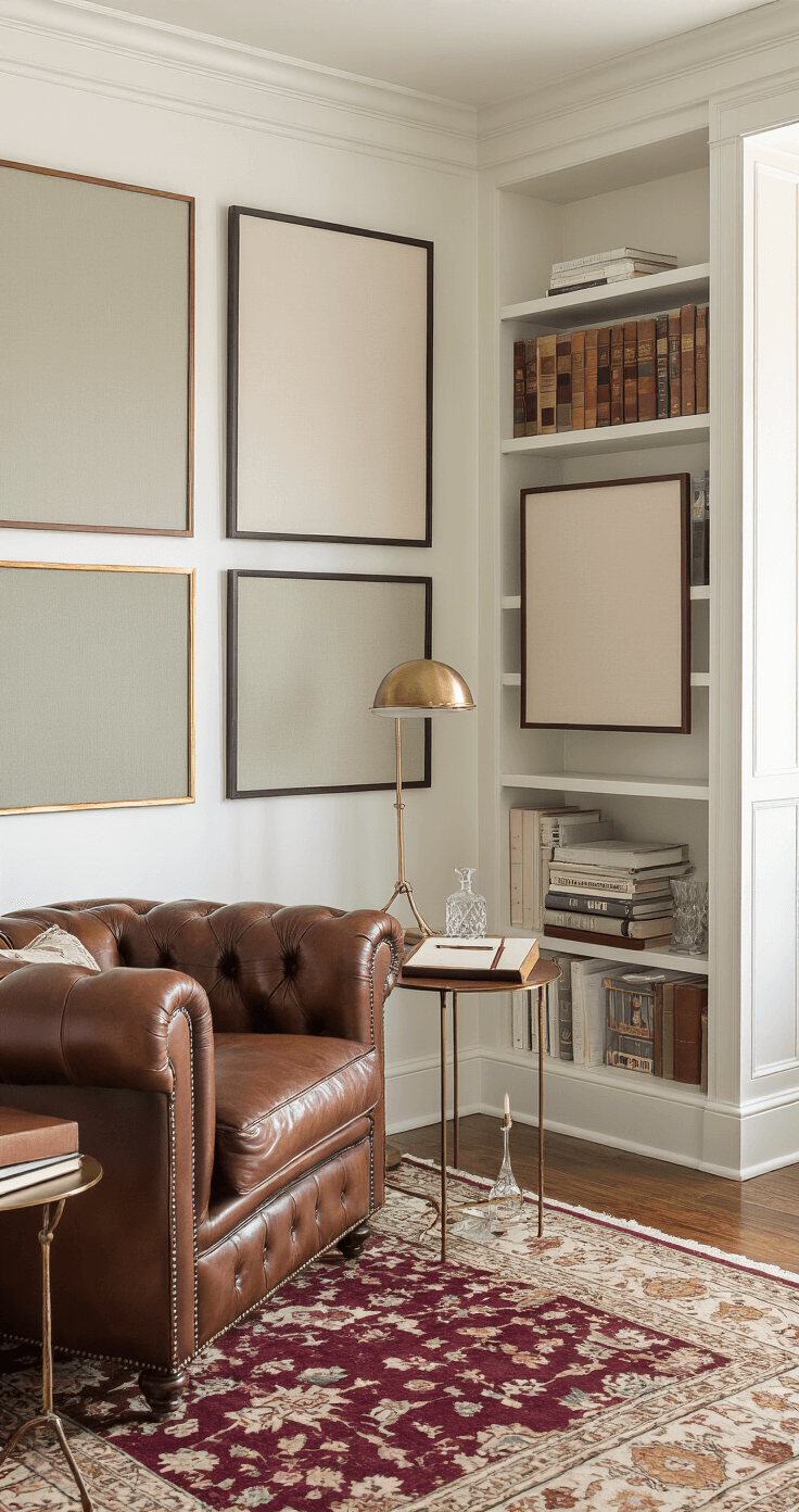 A cozy library corner featuring artfully arranged mood boards as installations, framed and displayed on mahogany bookshelves, alongside a cognac leather Chesterfield chair, a brass floor lamp, and a small side table with a journal and fountain pen, all illuminated by soft afternoon light.