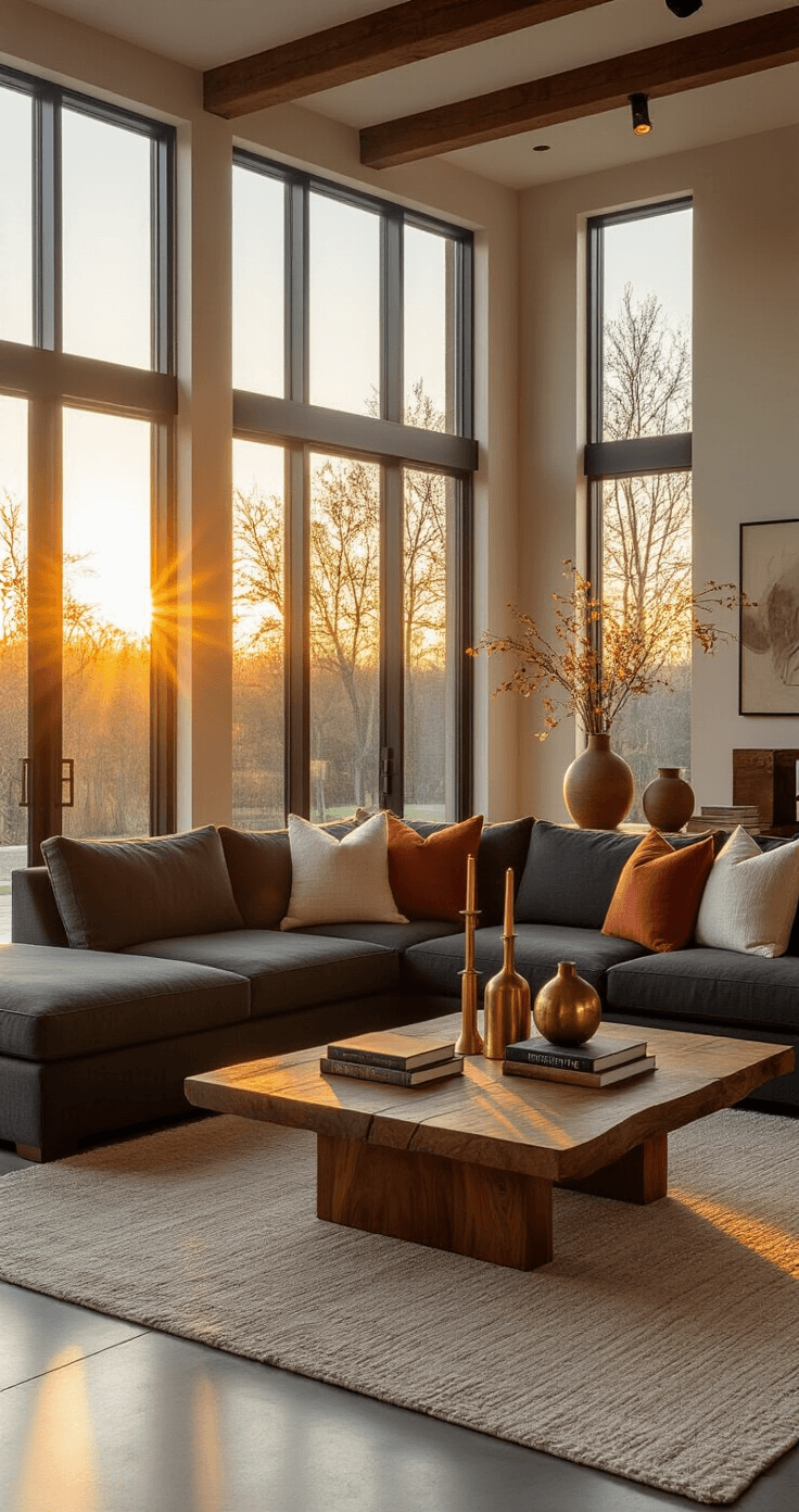 Mastering Prop Lighting: The Ultimate Guide to Stunning Visual Storytelling A modern living room bathed in warm golden hour light, featuring a charcoal sectional sofa, textured throw pillows, and a live-edge walnut coffee table adorned with decorative objects, all highlighted by dramatic lighting and long shadows on polished concrete floors.