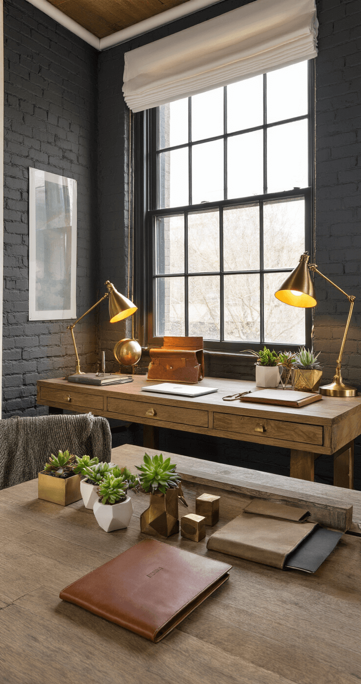 Mastering Prop Lighting: The Ultimate Guide to Stunning Visual Storytelling A cozy home office with exposed brick walls, a reclaimed oak desk, and soft, diffused lighting from a large window. Accented by vintage brass desk accessories and geometric potted succulents, the space features a warm and inviting atmosphere enhanced by professional softbox and task lighting.