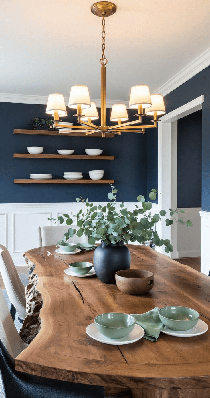 Mastering Prop Lighting: The Ultimate Guide to Stunning Visual Storytelling A sophisticated dining room with deep navy walls and white wainscoting, featuring a live-edge walnut dining table. An oversized brass chandelier offers key lighting, while accent lights highlight ceramic serving bowls, sage green linen napkins, and eucalyptus in a matte black vase. Hidden LED strips provide fill lighting, creating an intimate atmosphere. The image is captured from a slight overhead angle, showcasing the layered lighting techniques and elegant decor.