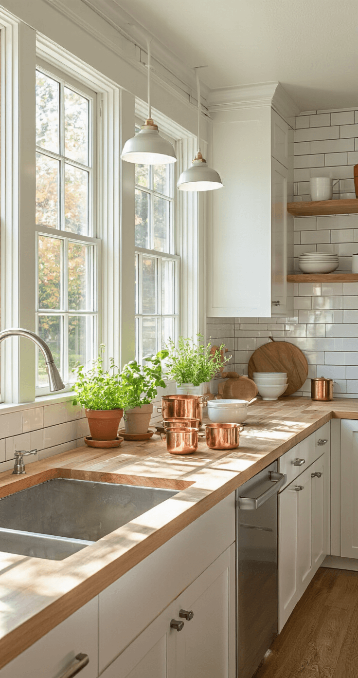 Mastering Prop Lighting: The Ultimate Guide to Stunning Visual Storytelling Bright galley kitchen with white subway tile and butcher block countertops, featuring natural northern light, copper measuring cups, ceramic bowls, and fresh herbs, enhanced by soft LED panel lighting and reflective stainless steel appliances.