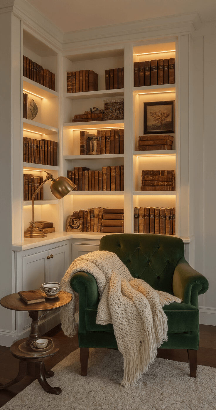 Mastering Prop Lighting: The Ultimate Guide to Stunning Visual Storytelling A cozy bedroom reading nook with warm white built-in bookshelves, a deep forest velvet chair, and ambient lighting, featuring vintage books, a cream wool throw, a brass lamp, and a ceramic tea cup, all highlighted by twilight's warm tones and cool accent lighting.