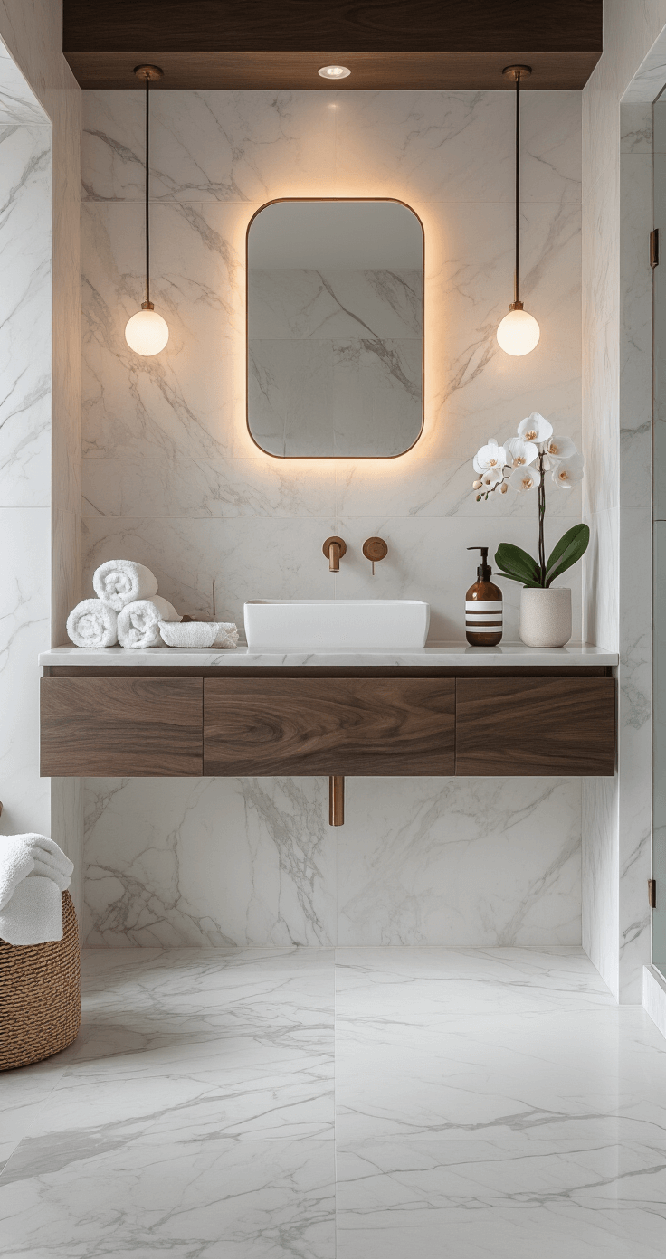 Mastering Prop Lighting: The Ultimate Guide to Stunning Visual Storytelling Minimalist bathroom vanity area featuring large Carrara white marble tiles and a matte black walnut floating vanity, illuminated by strategic lighting that enhances textures of organic cotton towels, ceramic soap dispensers, fresh white orchids, and a brushed copper mirror, all in a cool color palette with warm metallic accents.