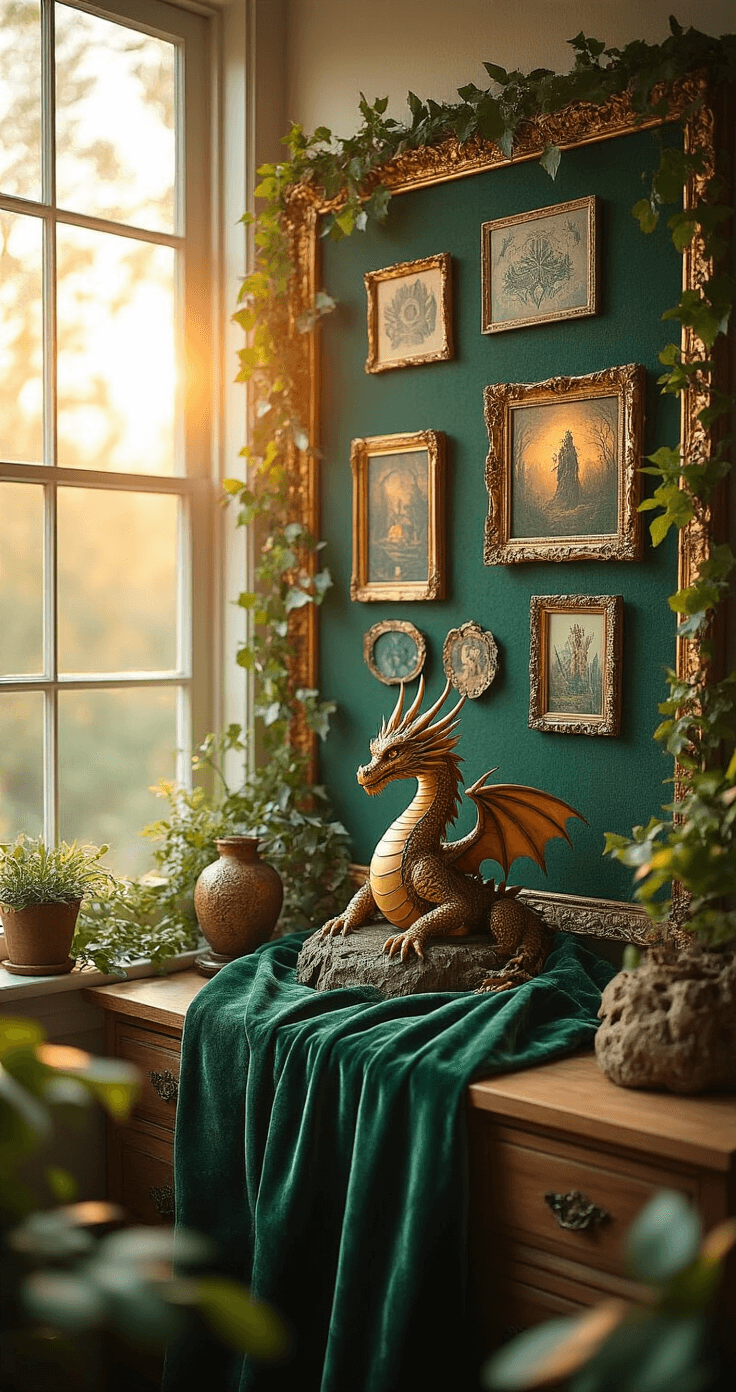 Enchanting Fantasy Bulletin Boards: Transform Your Space with Magical Decor Medium shot of a cozy home office bulletin board embellished with a dragon statue centerpiece, jewel-toned velvet draping, and framed mythical art prints. The warm golden hour sunlight filters through tall windows, creating a magical atmosphere with a forest green cork backdrop, textured bark elements, and faux ivy accents in a rich amber and emerald color palette.