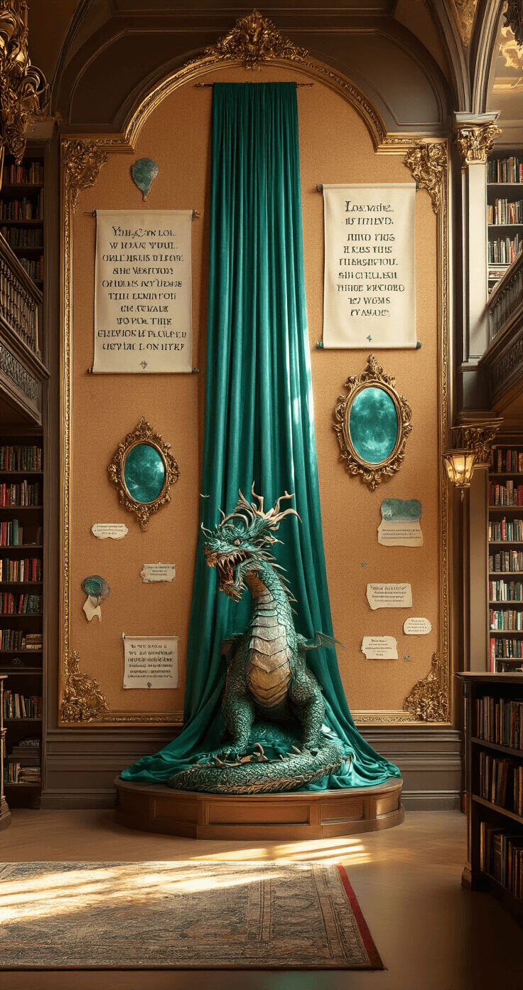 Enchanting Fantasy Bulletin Boards: Transform Your Space with Magical Decor Library interior with a grand fantasy-themed bulletin board wall installation, featuring a large dragon statue illuminated by warm afternoon light and surrounded by cascading emerald and sapphire fabric, alongside mythical quote banners on a textured cork surface, ornate mirrors enhancing the magical ambiance, and rich jewel tones complemented by brass elements, creating a whimsical yet scholarly atmosphere.