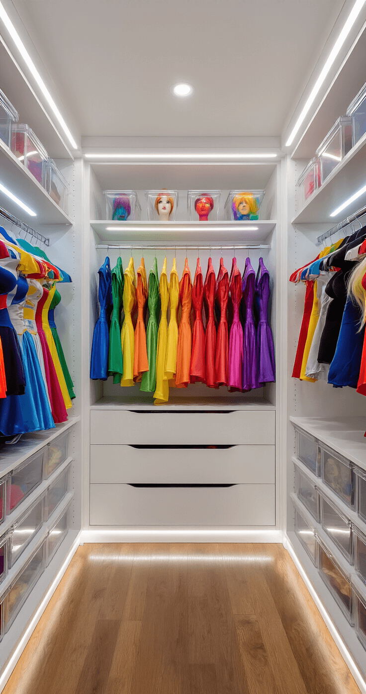 Rainbow Revolution: Color-Coding Your Cosplay Closet Like a Pro A spacious walk-in closet featuring white built-in shelving and drawers, with rainbow-organized cosplay costumes on chrome velvet hangers. Warm LED strip lighting highlights the colors, while clear acrylic bins with wigs on mannequin heads add to the organized aesthetic. Polished hardwood floors reflect the vibrant display, captured in a professional eye-level shot.