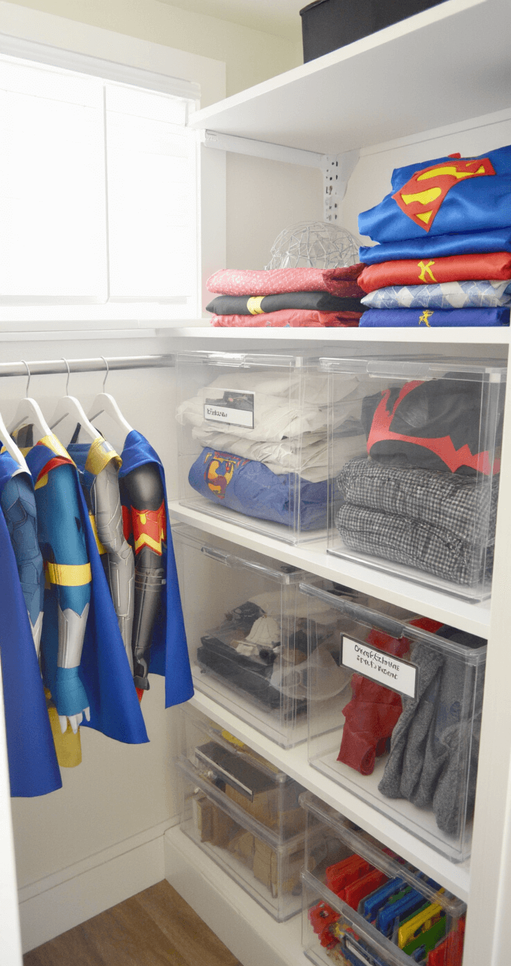 Rainbow Revolution: Color-Coding Your Cosplay Closet Like a Pro Close-up of a meticulously organized closet with acrylic shelf dividers separating colorful superhero capes, clear labeled bins for props and accessories, and padded hangers for delicate costumes, illuminated by natural light and cool LED strips.