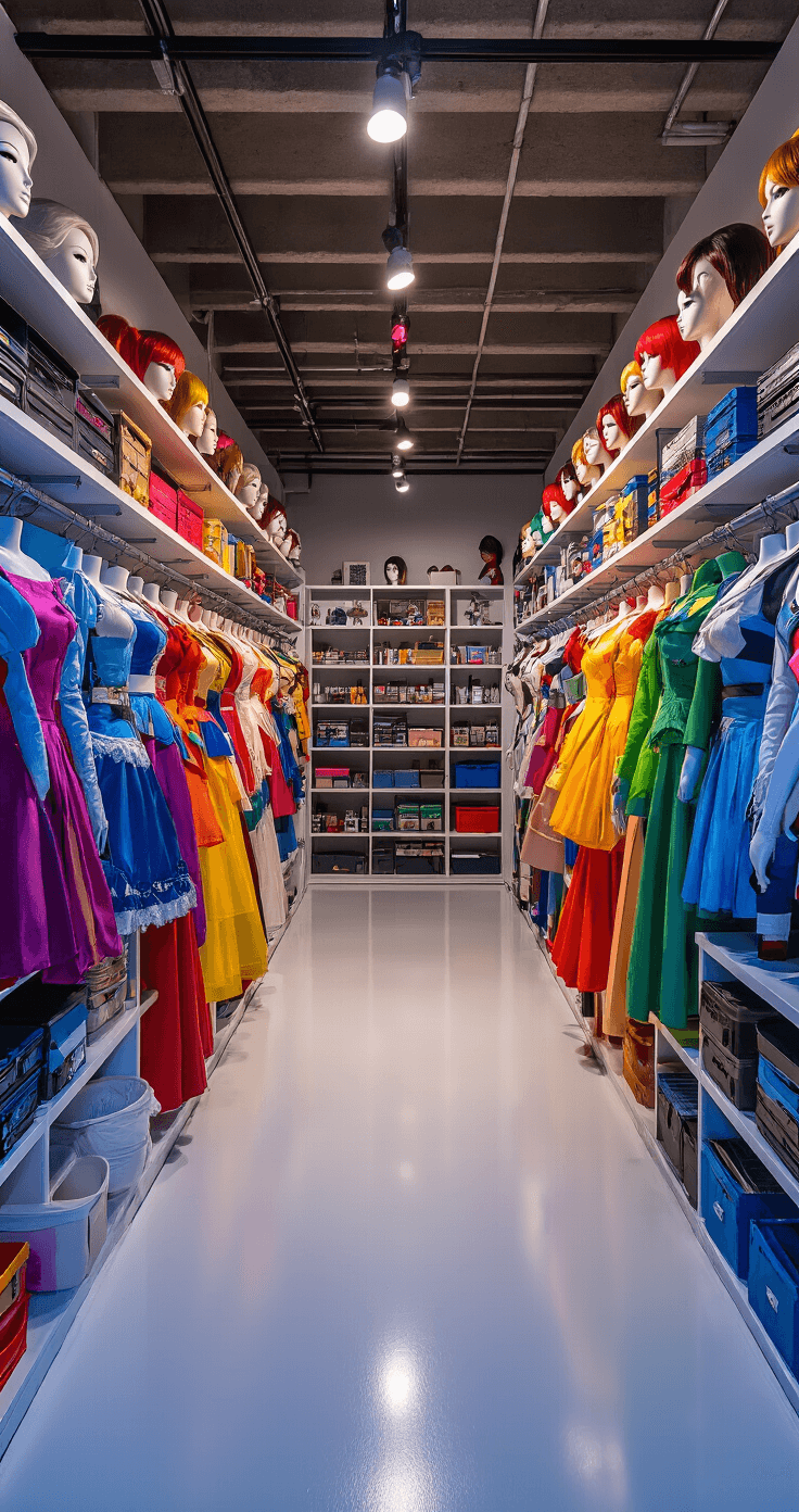 Rainbow Revolution: Color-Coding Your Cosplay Closet Like a Pro A colorful basement cosplay organization with costumes displayed in rainbow order on custom shelves, illuminated by industrial LED track lighting and cool blue accents, featuring mannequin heads with styled wigs.