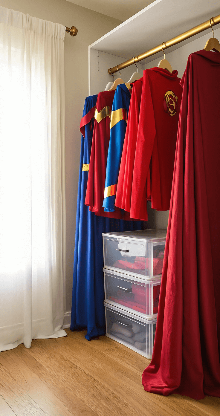 Rainbow Revolution: Color-Coding Your Cosplay Closet Like a Pro Intimate view of a neatly organized bedroom closet with superhero costumes in shades of red from crimson to burgundy, displayed on a vintage brass rod against modern clear storage, illuminated by soft morning light filtering through sheer curtains, highlighting the warm textures of the fabric and the hardwood floor’s subtle grain.