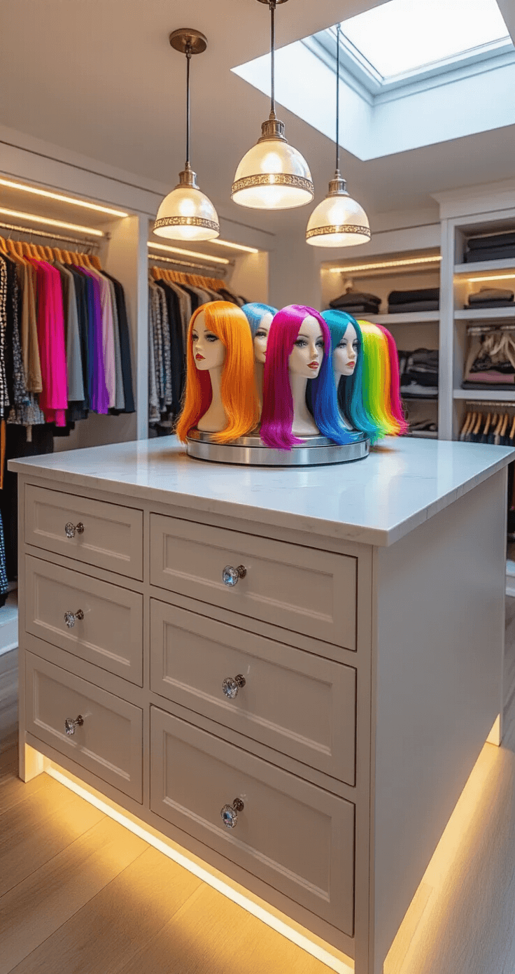 Rainbow Revolution: Color-Coding Your Cosplay Closet Like a Pro Eye-level view of a sleek custom-built closet island with rotating wig storage, showcasing colorful wigs on mannequin heads arranged in rainbow order. The white quartz countertop reflects pendant lighting, while surrounding drawers feature crystal knobs and LED strips. Natural light from skylights blends with warm under-cabinet lighting, highlighting the minimalist design and vibrant wig collection.