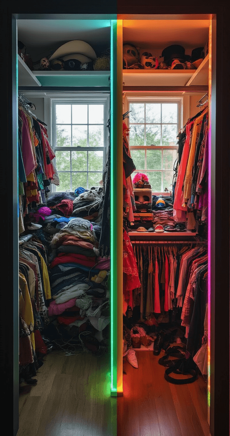 Rainbow Revolution: Color-Coding Your Cosplay Closet Like a Pro A split image contrasting a chaotic, cluttered closet filled with costumes and tangled accessories on the left, and a neatly organized, vibrant rainbow display with LED lighting on the right, both illuminated by natural window light, highlighting the dramatic transformation in cosplay storage.
