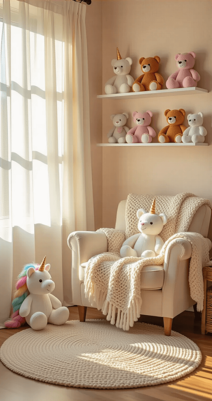 Plushie Decor: Transform Your Space with Cuddly Charm A cozy bedroom corner bathed in warm sunlight during golden hour, featuring colorful plushies on white floating shelves, a cream-colored reading chair with a chunky knit throw, and hardwood floors with a soft area rug. The scene is enhanced by soft shadows on pale pink walls, creating a warm and inviting atmosphere.