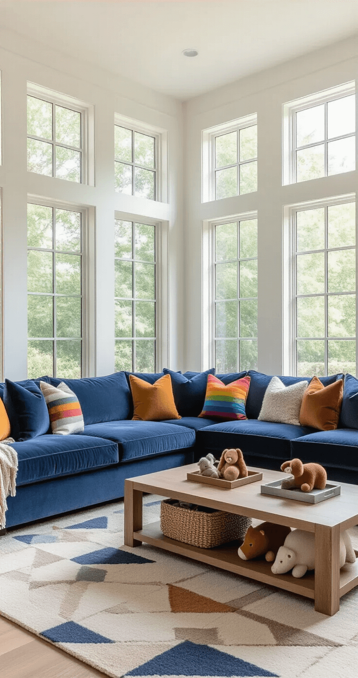 Plushie Decor: Transform Your Space with Cuddly Charm Modern living room featuring a navy velvet sectional sofa adorned with colorful plush throw pillows, a wooden coffee table with woodland animal plushies, warm oak accents, and a geometric area rug, all illuminated by natural afternoon light from large windows.