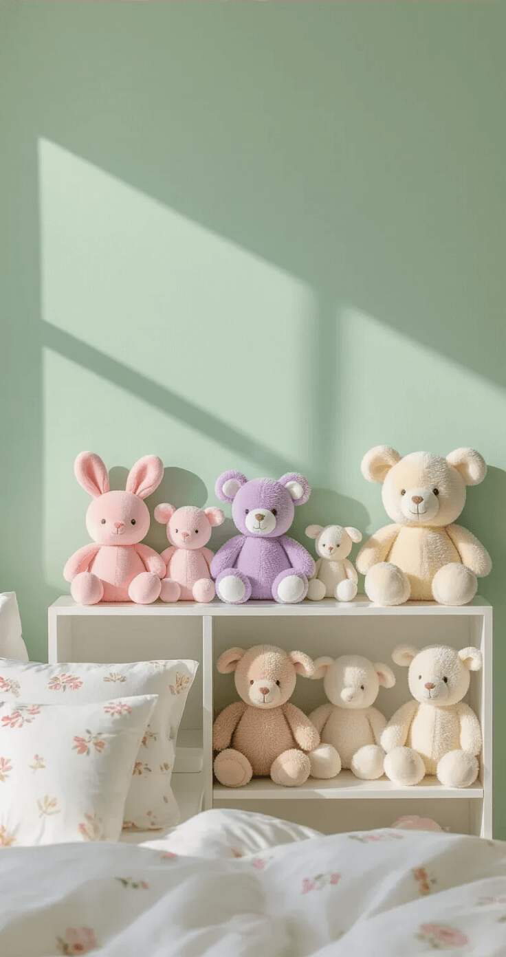 Plushie Decor: Transform Your Space with Cuddly Charm Bright spring-themed bedroom showcasing a pastel plushie collection on a white bookshelf against a mint green wall, with soft morning light illuminating pink bunnies, lavender bears, and cream lambs. The Scandinavian-style furniture features natural wood tones and white linens with floral patterns, while clear acrylic risers add dynamic display levels, emphasizing a minimalist styling approach.