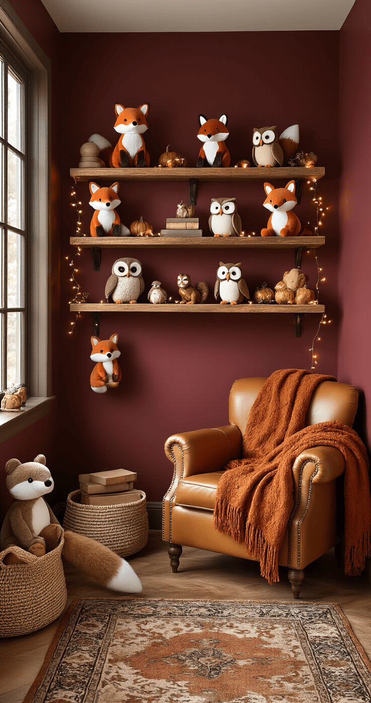 Plushie Decor: Transform Your Space with Cuddly Charm A cozy autumn-inspired living space featuring rich burgundy walls and warm golden hour lighting. Plush woodland creature plushies, including foxes, owls, and squirrels, are displayed on wooden floating shelves. A caramel leather chair with a burnt orange throw blanket is nestled in a reading nook, surrounded by hardwood floors and a Persian-style rug. Twinkling fairy lights enhance the intimate atmosphere created by the sophisticated color coordination and layered textures.