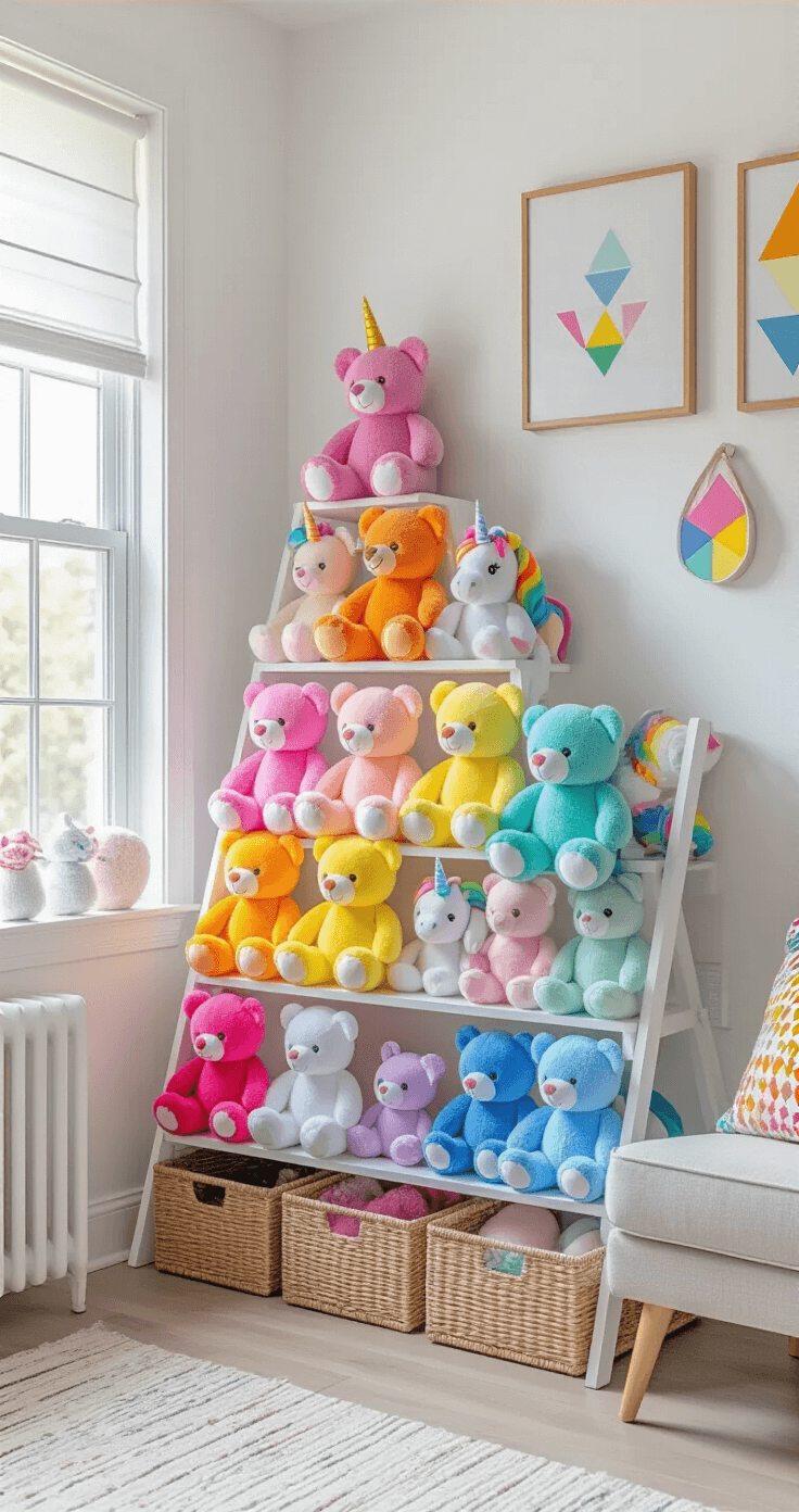 Plushie Decor: Transform Your Space with Cuddly Charm Brightly lit corner featuring a colorful arrangement of rainbow plushies on a white ladder bookshelf, surrounded by geometric wall art, pale wooden floors, and modern furniture, creating a playful and curated aesthetic.