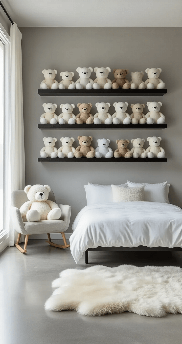 Plushie Decor: Transform Your Space with Cuddly Charm Minimalist bedroom featuring monochromatic plushie display on black floating shelves against dove gray walls, showcasing plush collection in white, cream, and pale gray, with a modern platform bed and polished concrete floors accented by a sheepskin rug. An oversized white teddy bear sits on an accent chair, creating a sophisticated decor with a restrained color palette and clean lines.