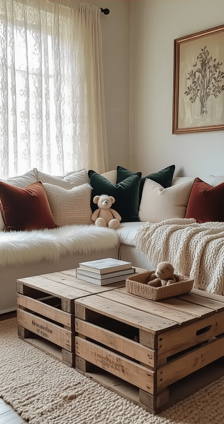 Plushie Decor: Transform Your Space with Cuddly Charm Eclectic living room filled with plush textures, featuring thrift store finds on repurposed wooden crates, late afternoon light filtering through vintage lace curtains, a harmonious plushie collection, jewel-toned velvet cushions, neutral knitted throws, a distressed coffee table, and creative DIY storage solutions.