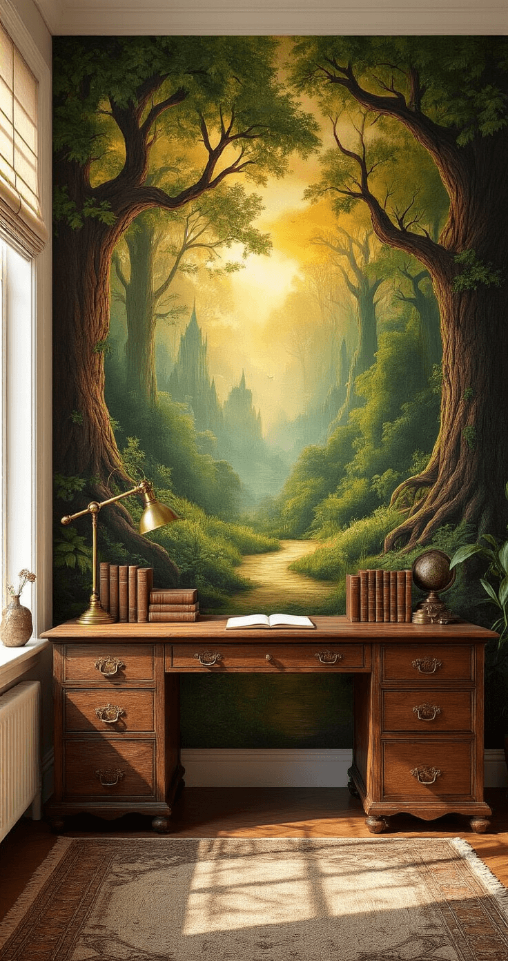 DIY Fandom Wall Murals: Transform Your Space into a Personal Tribute Cozy home office illuminated by warm sunlight, featuring a vibrant fantasy landscape mural of an enchanted forest in rich jewel tones, complemented by a rustic wooden desk with vintage accessories, along with textured wall decals and a soft earth-toned rug, all captured in low-angle photography for dramatic effect.