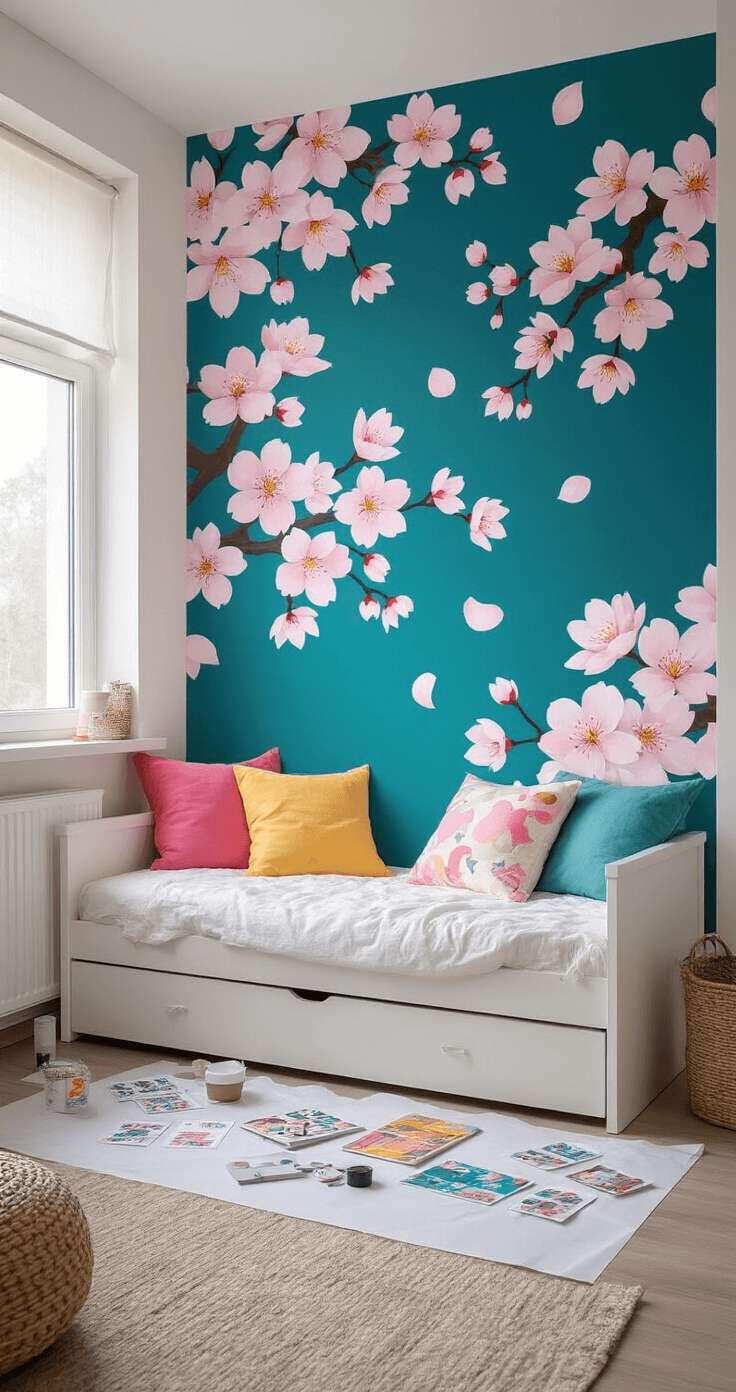 DIY Fandom Wall Murals: Transform Your Space into a Personal Tribute A brightly lit teenage bedroom showcasing a partially completed anime-inspired mural with cherry blossom motifs in soft pinks and whites on deep teal walls. A white daybed adorned with colorful throw pillows is positioned beneath the mural. Art supplies and tools for applying removable decals are scattered around, while small decal pieces await placement on nearby surfaces, reflecting an active DIY decorating project.