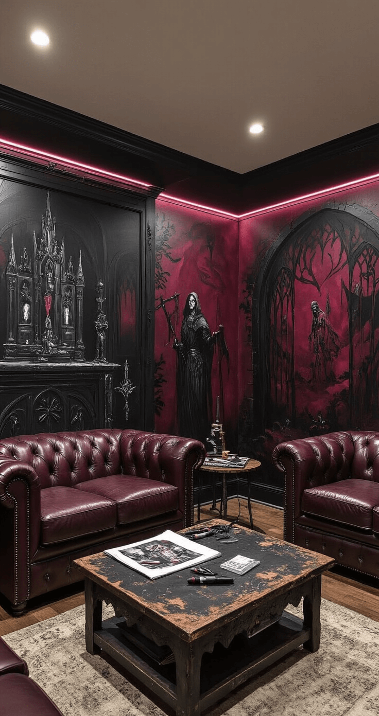 DIY Fandom Wall Murals: Transform Your Space into a Personal Tribute A dimly lit basement rec room featuring a gothic-inspired mural in deep burgundy and midnight black with metallic silver accents, adorned with vintage leather armchairs and a distressed coffee table. Ambient LED strip lighting enhances the moody atmosphere, while scattered art supplies and strategic accent lighting highlight the intricate mural design.