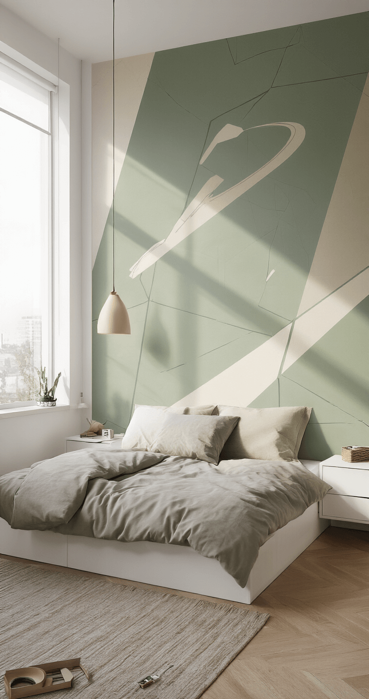 DIY Fandom Wall Murals: Transform Your Space into a Personal Tribute A modern studio apartment bathed in soft afternoon light, featuring a minimalist geometric mural in sage green, warm gray, and cream. A murphy bed is in the down position, integrating with the mural. Floating nightstands and pendant lighting complement the contemporary design, while painter's tape and level tools hint at the mural's precise execution. Large windows cast gentle shadows, enhancing the mural's dimensionality.