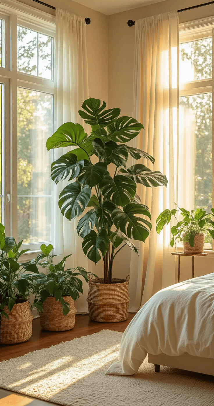 Botanical Cosplay Spaces: Transform Your Room into a Fantasy Wonderland Wide-angle shot of a spacious bedroom corner with a 7-foot artificial monstera deliciosa and smaller pothos plants, bathed in warm golden hour light filtering through sheer curtains, showcasing a cozy, tropical aesthetic.