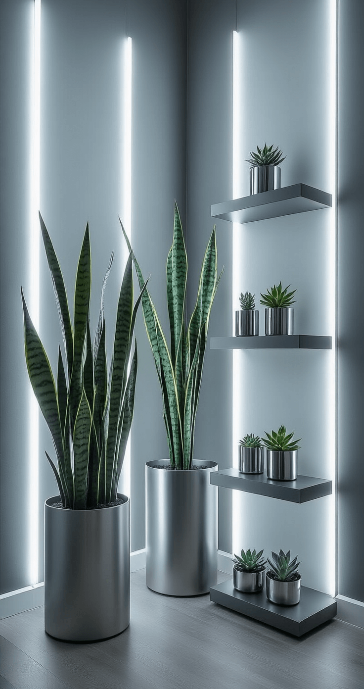 Botanical Cosplay Spaces: Transform Your Room into a Fantasy Wonderland A minimalist sci-fi reading nook features tall artificial snake plants in metallic planters against charcoal gray walls, illuminated by cool LED strip lighting that creates dramatic shadows. A modern floating shelf displays smaller succulents in chrome containers, all in a monochromatic palette of deep grays, silvers, and sage greens, captured from a slightly below eye-level angle.