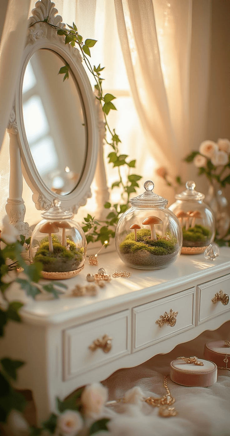 Botanical Cosplay Spaces: Transform Your Room into a Fantasy Wonderland Close-up of an enchanted vanity with fairy lights, artificial ivy, glass terrariums, and rose gold mirrors, glowing in soft morning light through gauze curtains.