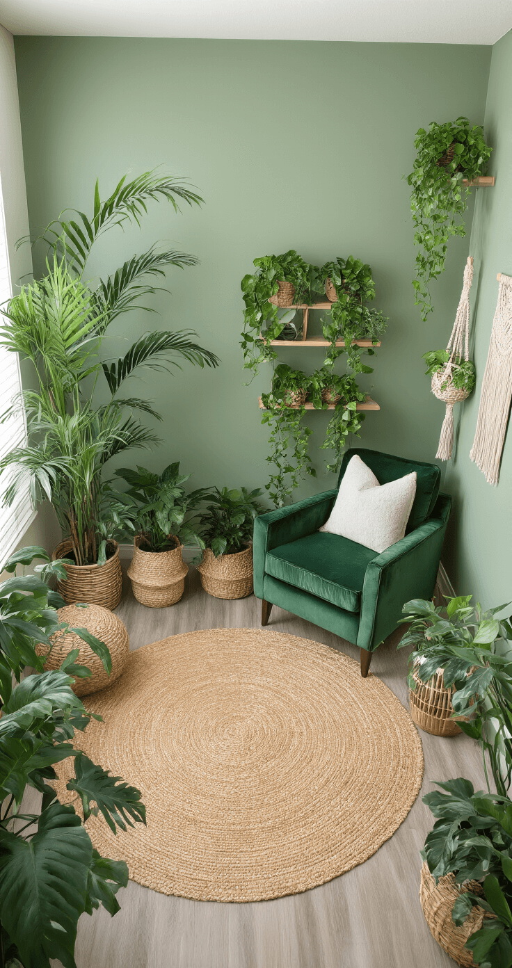 Botanical Cosplay Spaces: Transform Your Room into a Fantasy Wonderland Overhead view of a transformed room featuring a coordinated green palette, with large floor palms in corners, cascading pothos from floating shelves, a plush forest green velvet armchair, woven jute rugs, and macrame plant hangers, all set against sage green walls, enhanced by natural bamboo and rattan accessories under soft, even daylight.