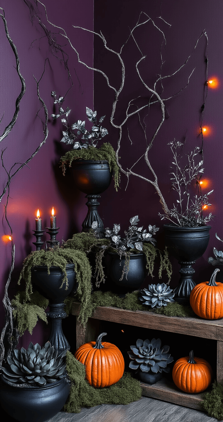 Botanical Cosplay Spaces: Transform Your Room into a Fantasy Wonderland A dramatic low-angle shot of a spooky Halloween botanical corner at twilight, showcasing twisted branches, dark moss, and gothic black planters with dead-looking plants against deep purple walls, illuminated by flickering LED candles and orange string lights, creating eerie shadows and a haunting atmosphere.
